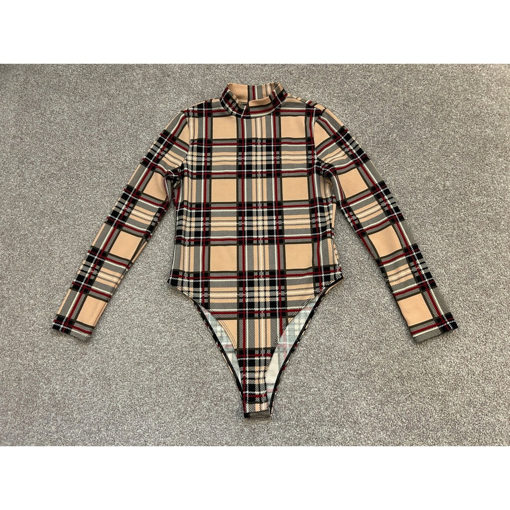 SHEIN Plaid Bodysuit Womens L Tan Red Mock Neck Long Sleeve Excellent JIT7451290